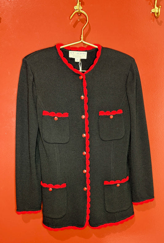 St. John Black/Red Pockets Cardigan S