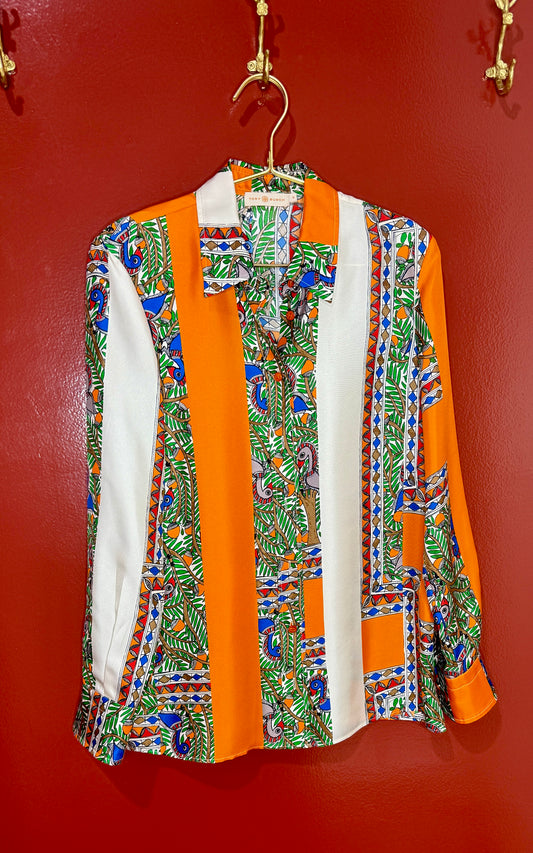 Tory Burch Silk Orange Multi Color Button Down Top 6