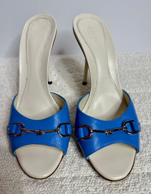 Gucci White  and Blue Guccisima Horsebit Mules 38 1/2