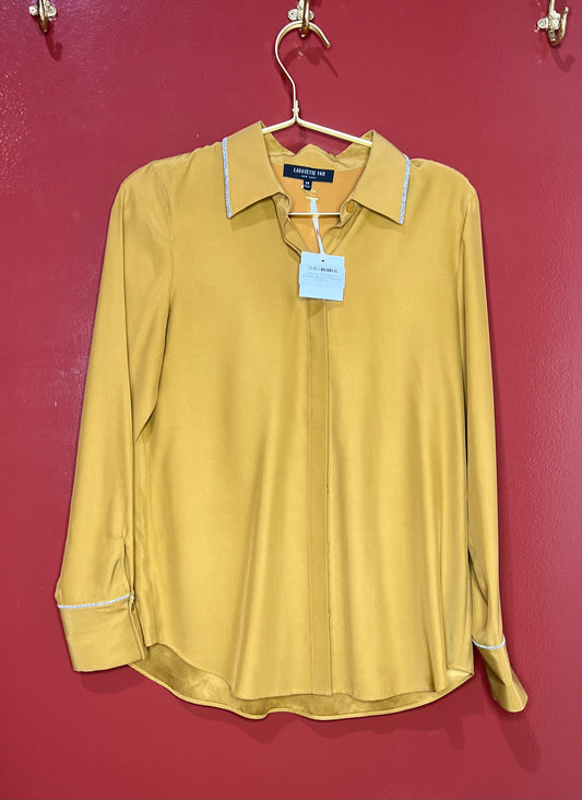 Lafayette 148 Mustard Silk Beaded Collard Button Down XS