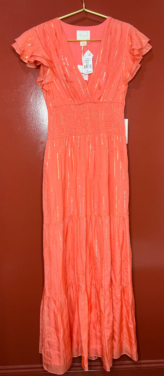 Shoshanna Orange With Gold Maxi Dress 6